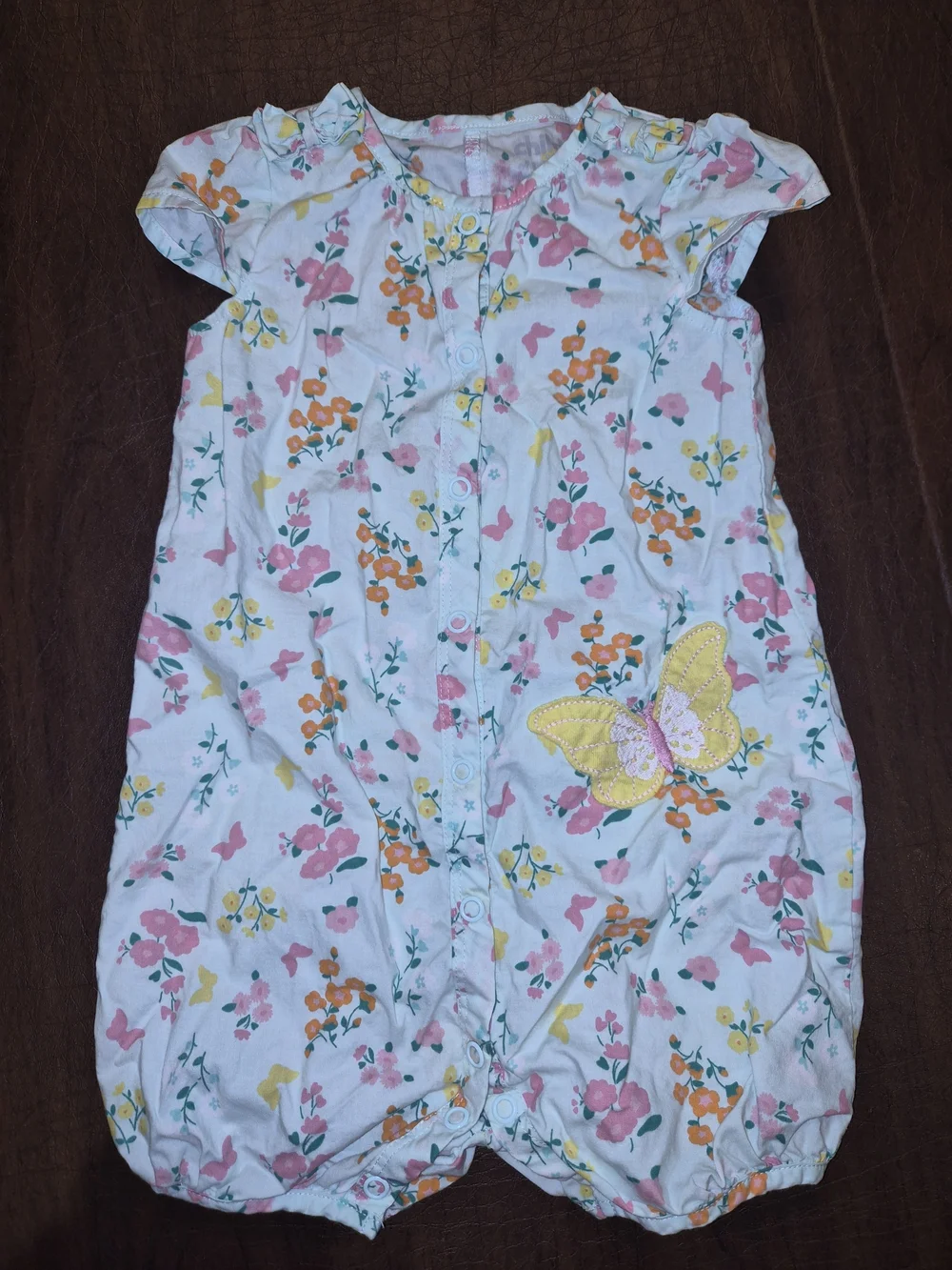 Floral Butterfly Baby Romper - Pink, Yellow, Orange 12 Months